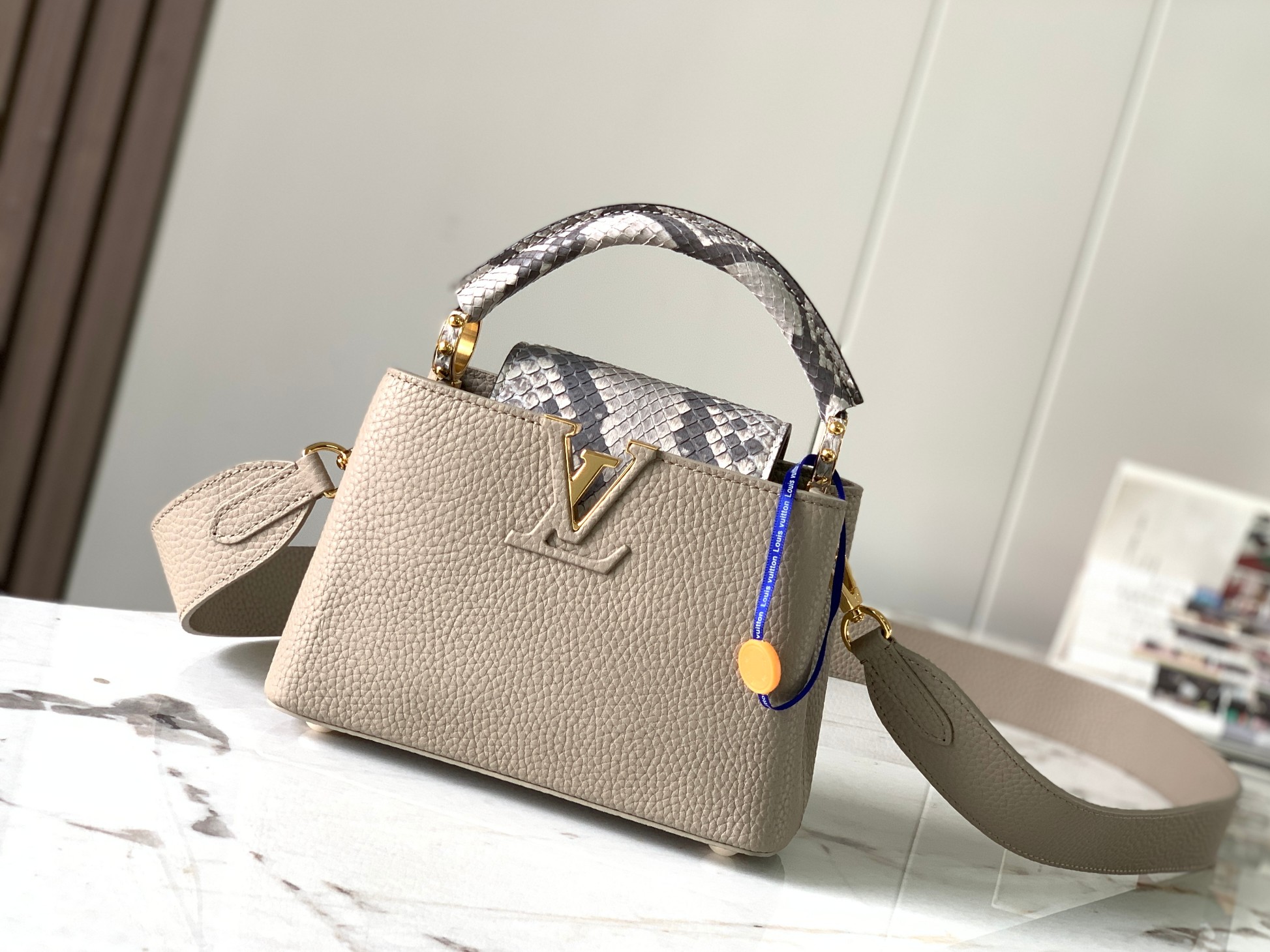 Premium M81410 Elephant Grey with Python Gold BuckleCapucines BB ha