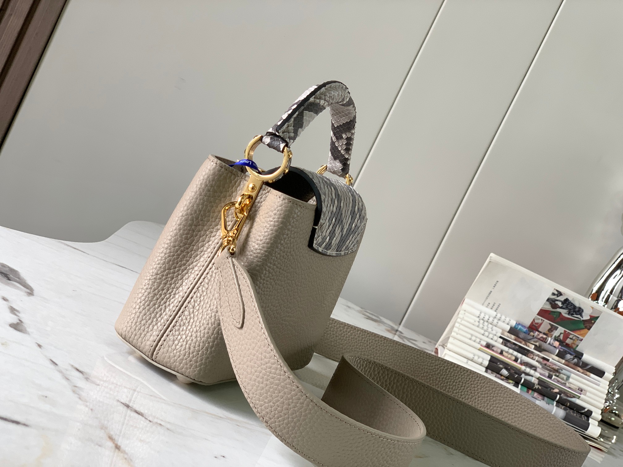 Premium M81410 Elephant Grey with Python Gold BuckleCapucines BB ha - Image 3