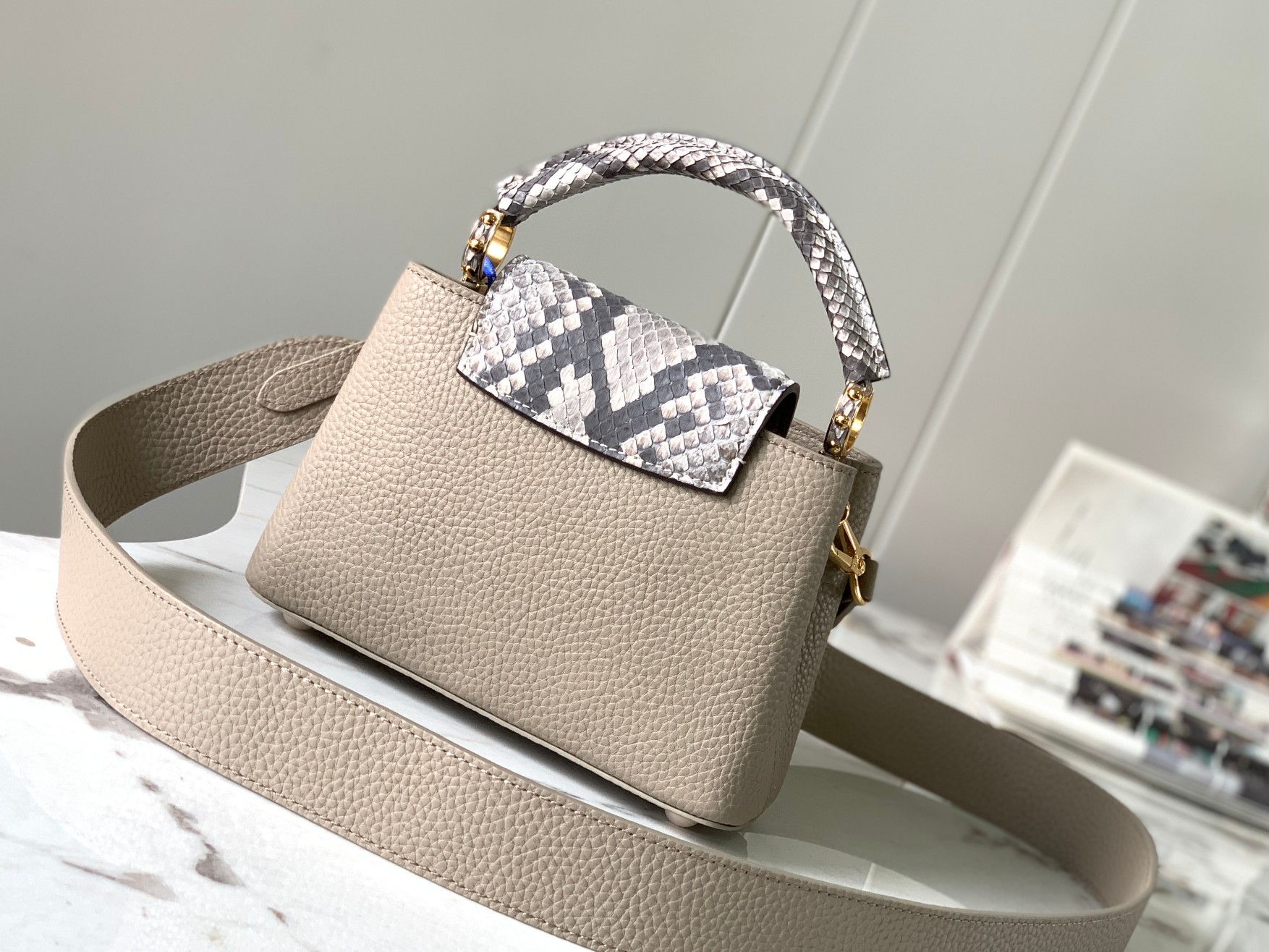 Premium M81410 Elephant Grey with Python Gold BuckleCapucines BB ha - Image 4