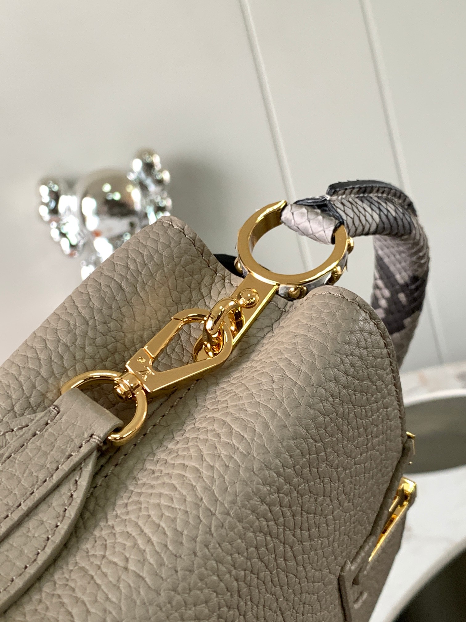 Premium M81410 Elephant Grey with Python Gold BuckleCapucines BB ha - Image 7